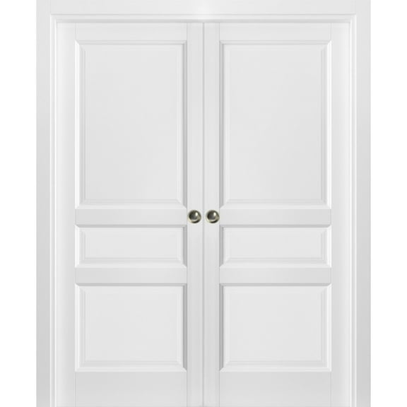 French Double Pocket Doors | Lucia 31 White Silk | Kit Trims Rail Hardware | Solid Wood Interior Pantry Kitchen Bedroom Sliding Closet Sturdy Door-36" x 84"
