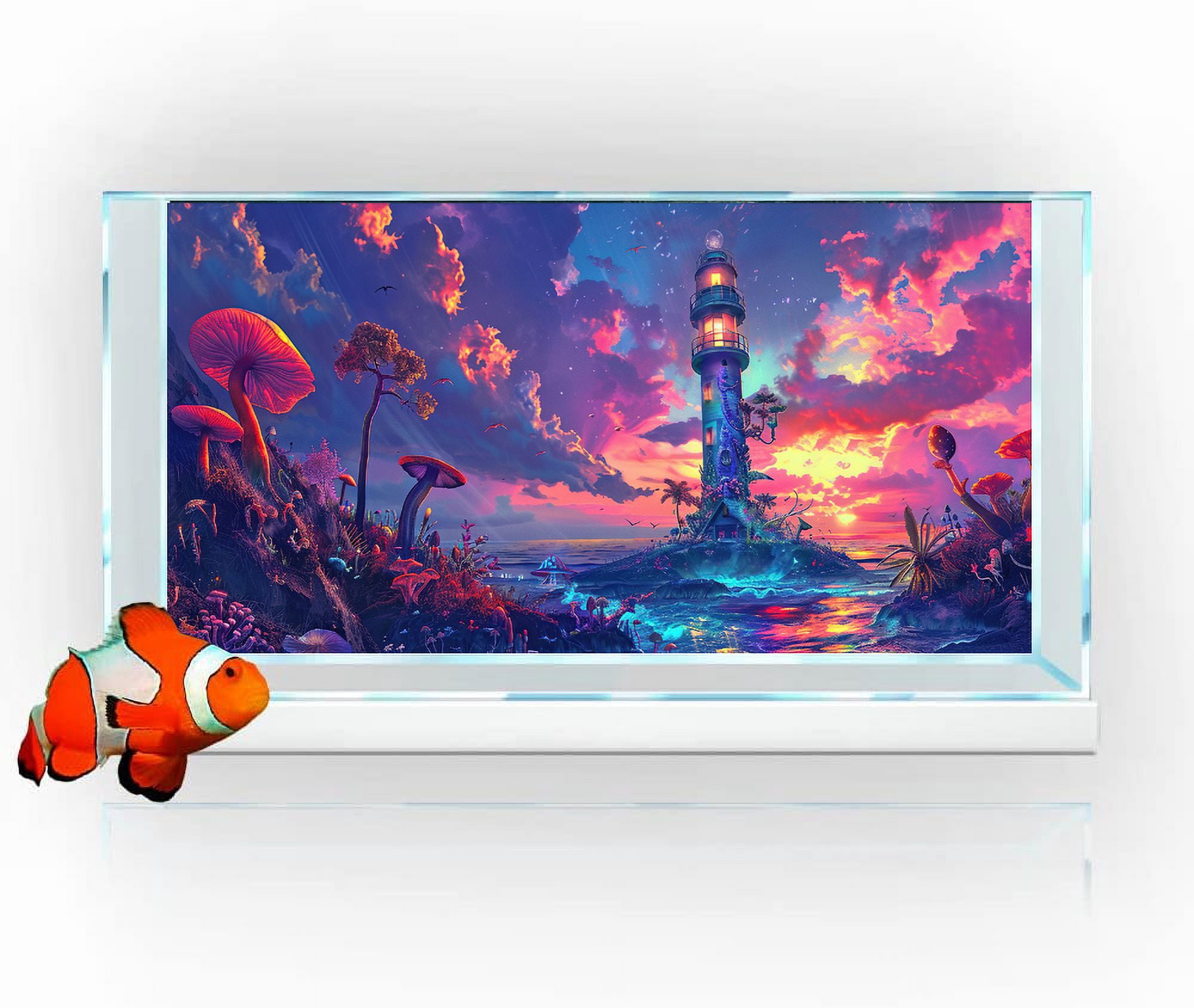 Aquarium Background with Cloud Sky Design, Fantasy Landscape Tapestry Trippy Neon Galaxy Space Fish Tank, Nature Lighthouse Lake Tapestry Wall Hanging Decor for Home