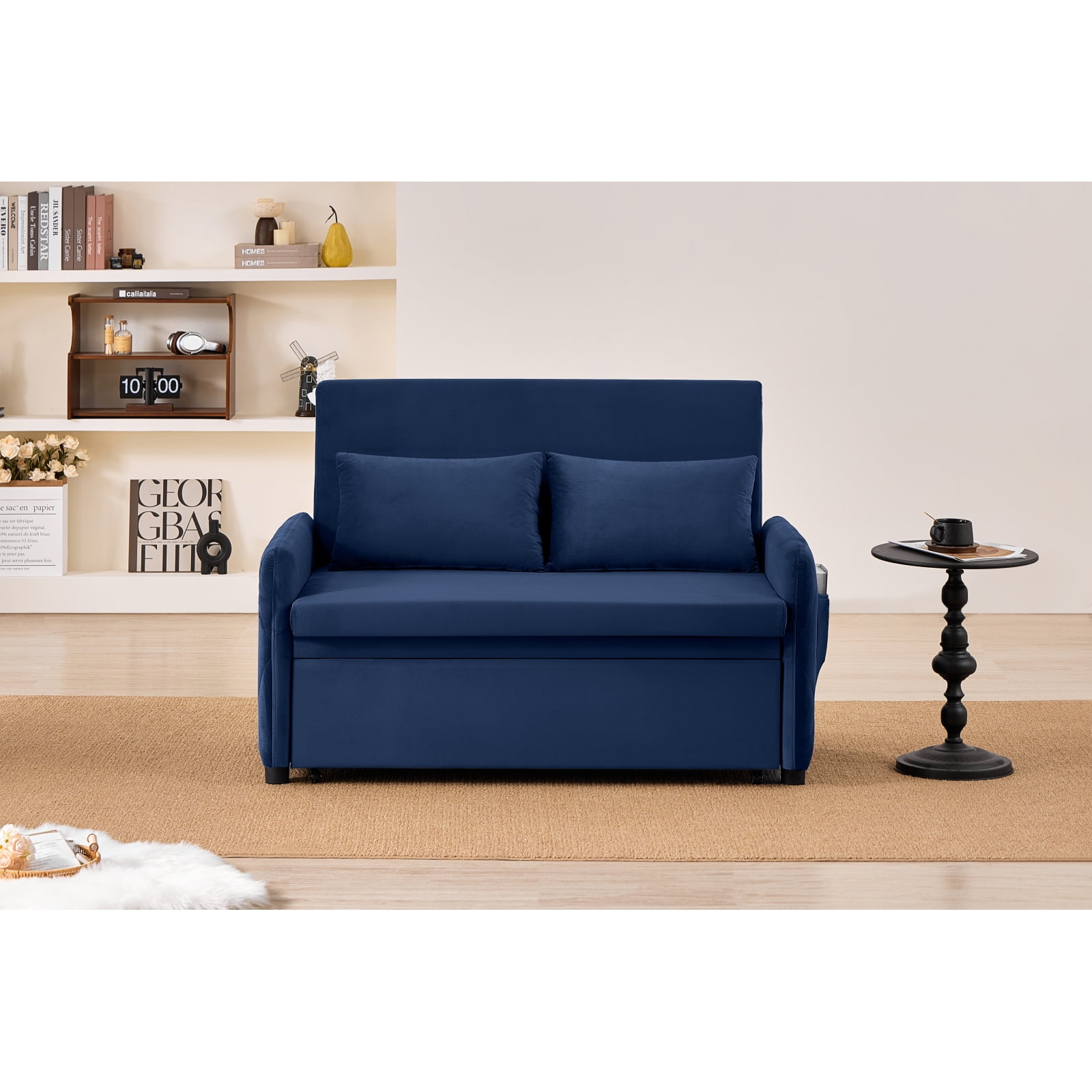 Leumius 3 in 1 Convertible Sleeper Sofa Bed, Modern Convertible Sofa Bed with 5-Position Adjustable Backrest,Velvet Pull Out Couch with Pull Out Bed for Living Room Furniture,Blue