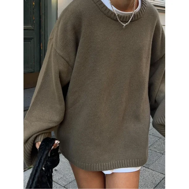 Jersey de punto de manga acampanada para mujer, Jersey holgado de gran tamaño con cuello redondo, color liso, estilo Retro, elegante, 2024
