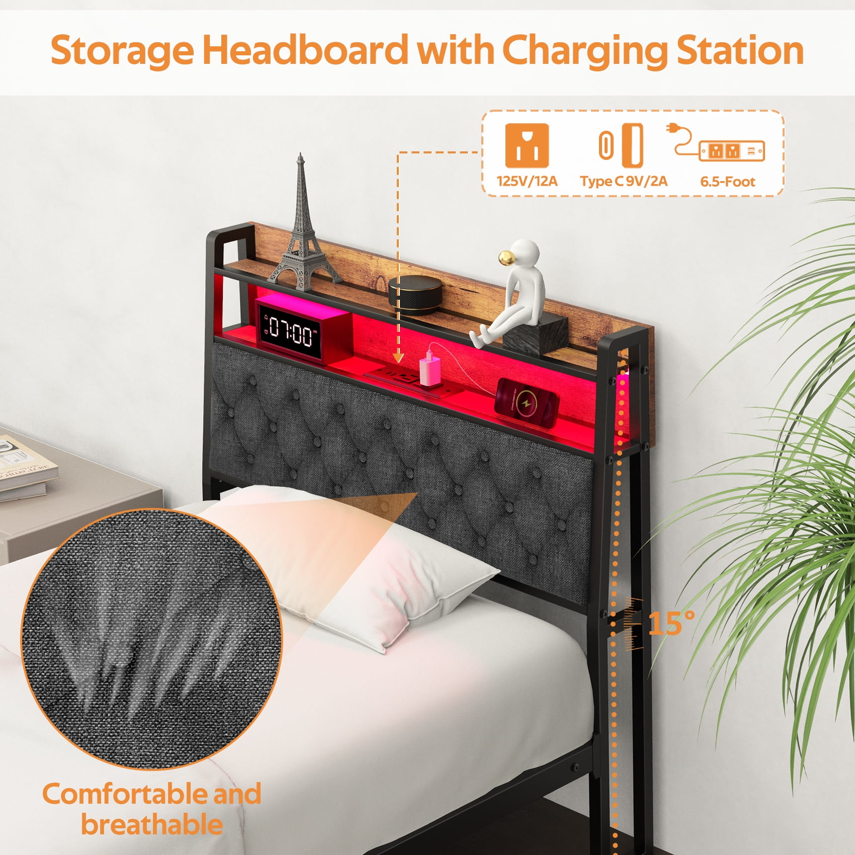 Winkalon Twin Size Upholstered Platform Bed Frame with Charging Station & LED Lights,Light Gray
