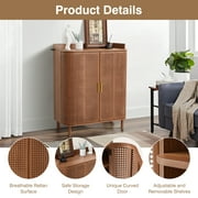YOCWO Rattan Shoe Storage Cabinet with Doors, Shoe Closet with Iron Rattan Curved Surface, Walnut