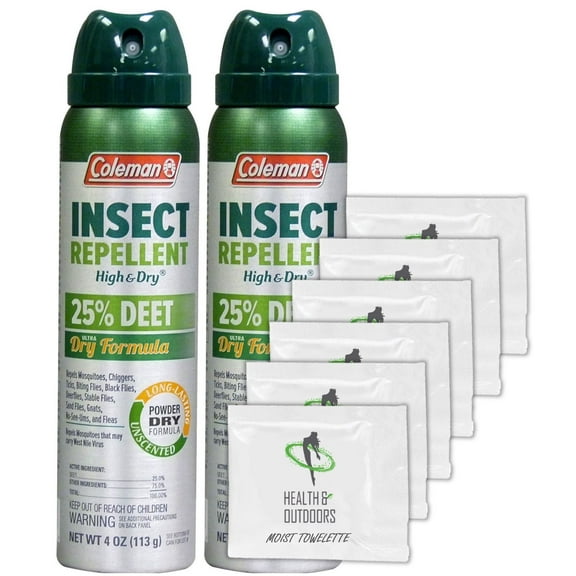 Coleman 25% DEET High and Dry Formula, 4 oz, 2 Pack W/ Bonus Moist Towelettes