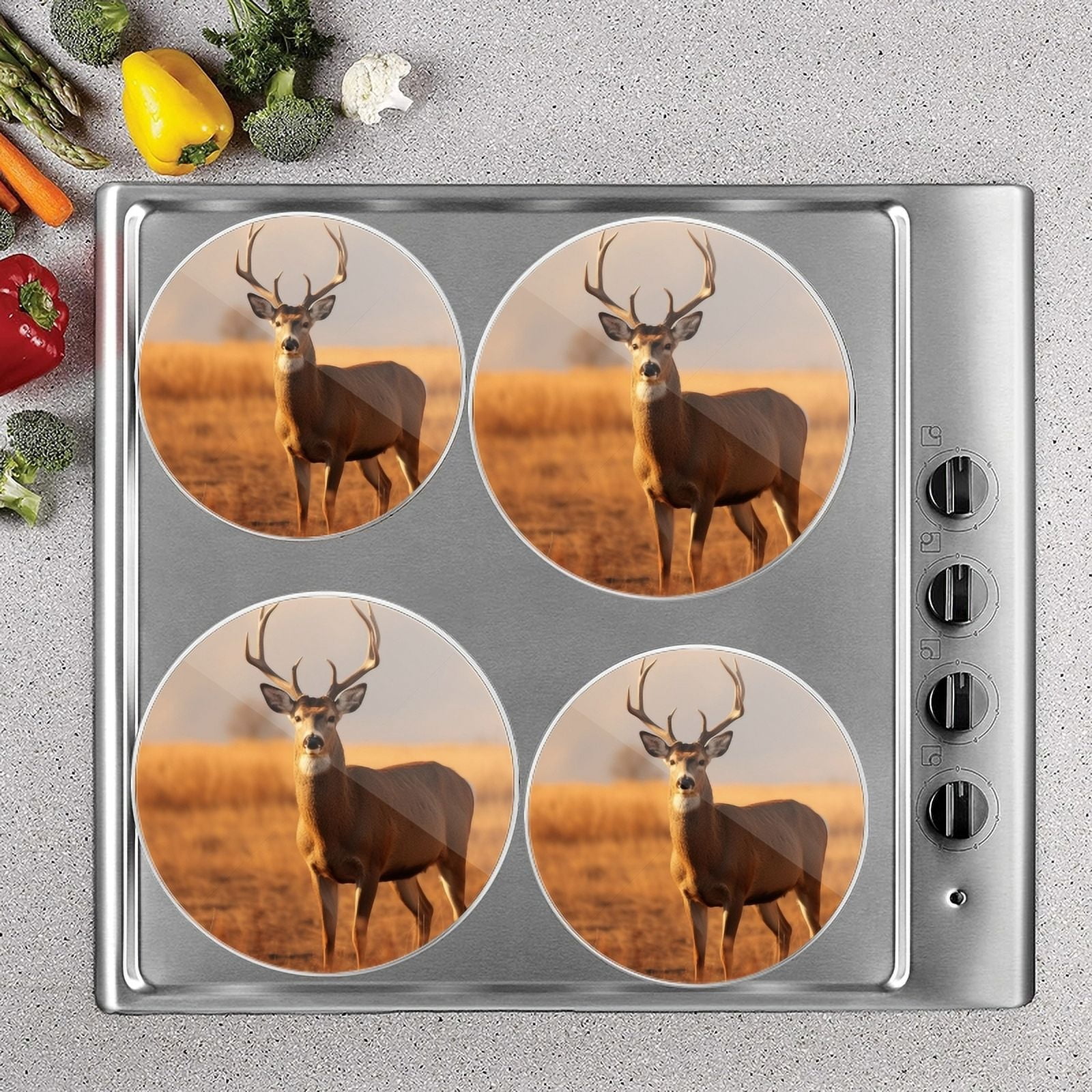Bahomeck Gas Stove Burner Cover Set Of 4,White-Tailed Deer Standing In Open Field Metal Electric Stove Burner Covers,Protecting Gas Stoves,Kitchen Decor，8 Inch And 10 Inch