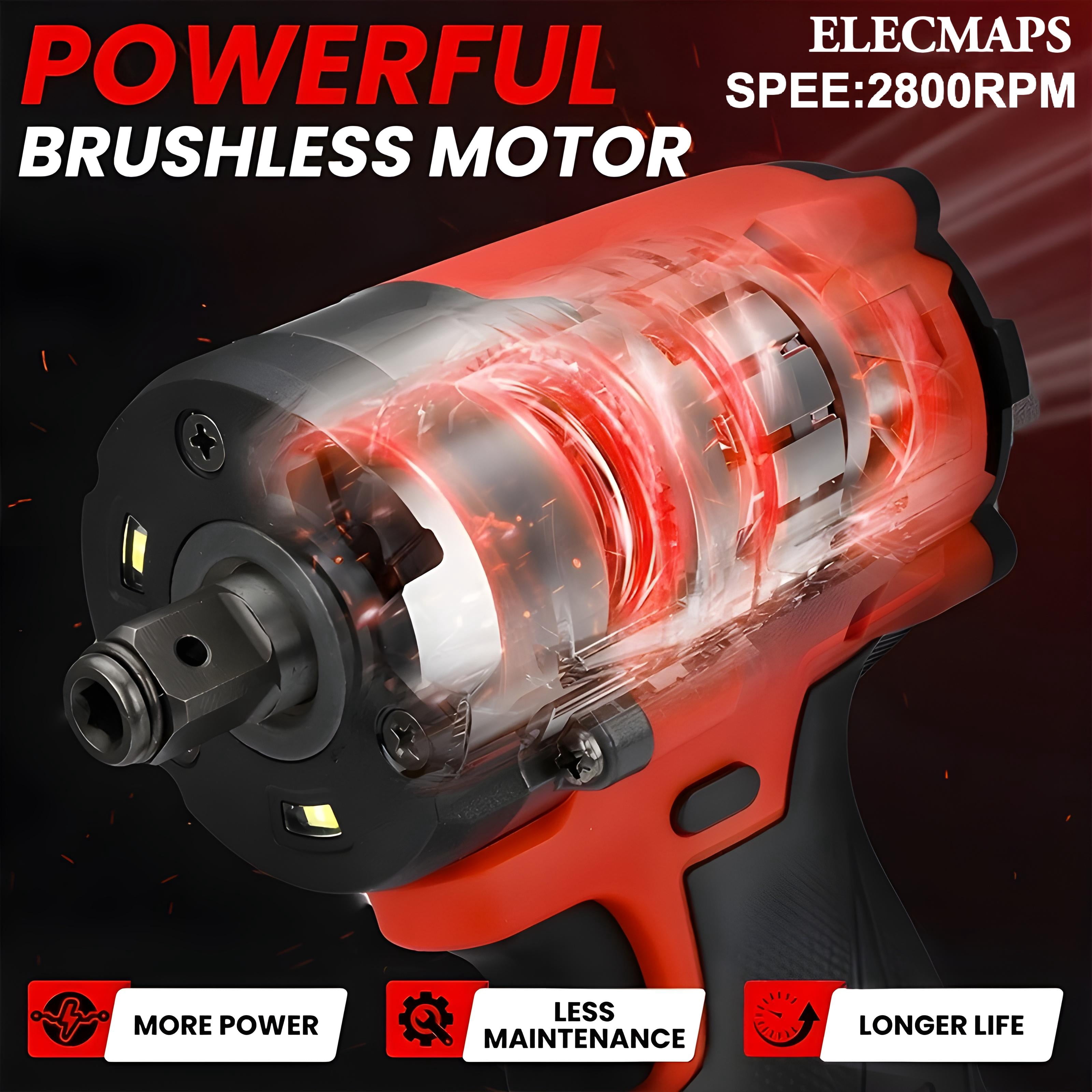 ELECMAPS 3-in-1 Cordless Impact Wrench 1/2 Inch, Brushless 450N.m, 3-Speed, Compatible with Milwaukee M18 Batteries, Set with 6 Magnetic Phillips Bits, Bare Tool Only