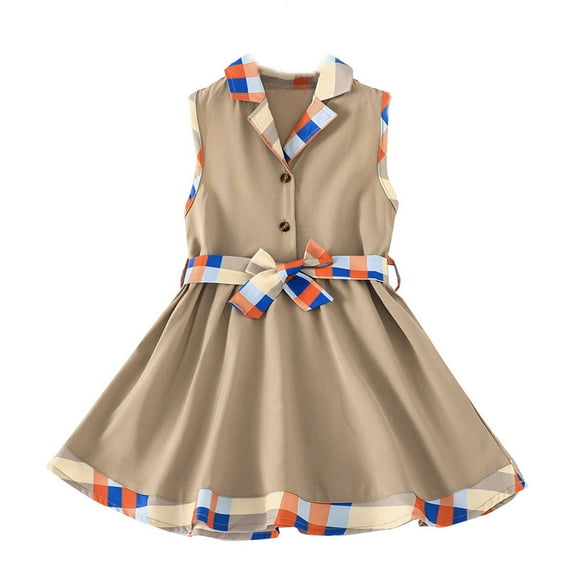 Elainilye Fashion Girls Dresses Summer Lapel Sleeveless A-line Dress Button Waist Long Dress, Sizes 3-7 Years