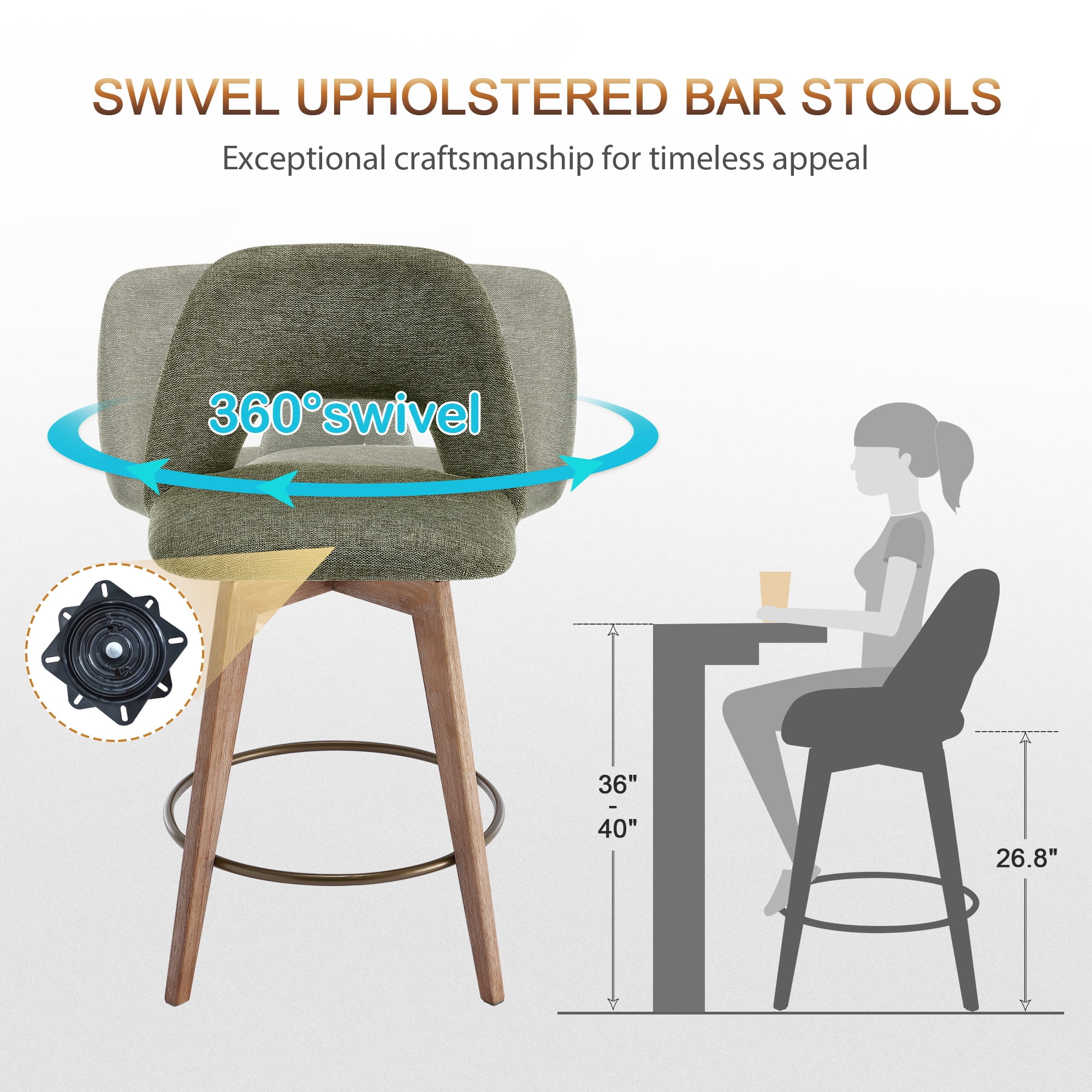 Zesthouse 26.8" Swivel Bar Stools Set of 2, Linen Upholstered Counter Height Stools with Open Back and Brushed Wooden Legs, Mid Century Barstools Kitchen Bar Chairs for 36"-39" Countertop, Green