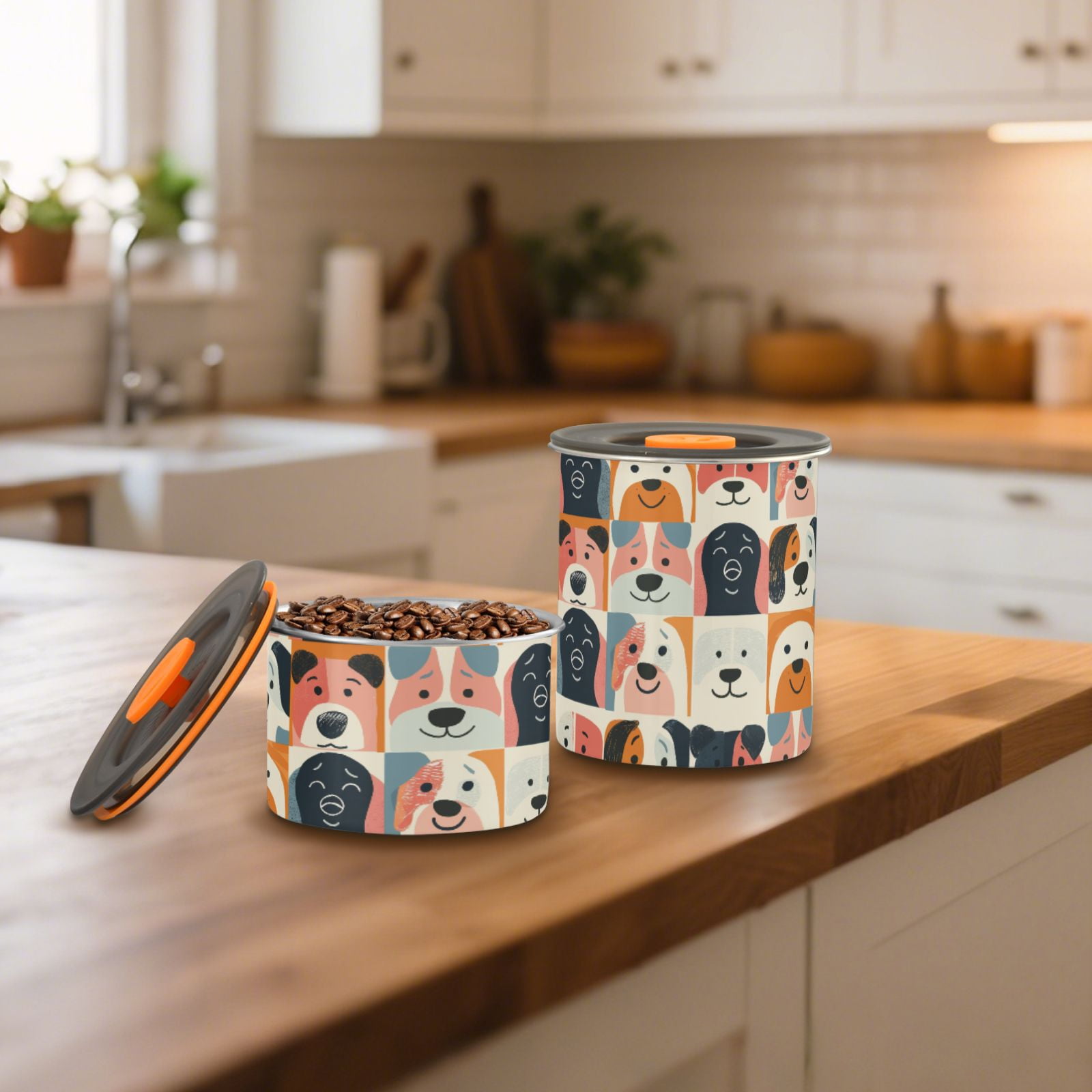 Cute Dog Print Airtight Coffee Bean Canister 30oz Food Storage Containers with Lids For Gournd, Tea, Sugar, Flour, Rice, Cereal, Candy Cookie Jar