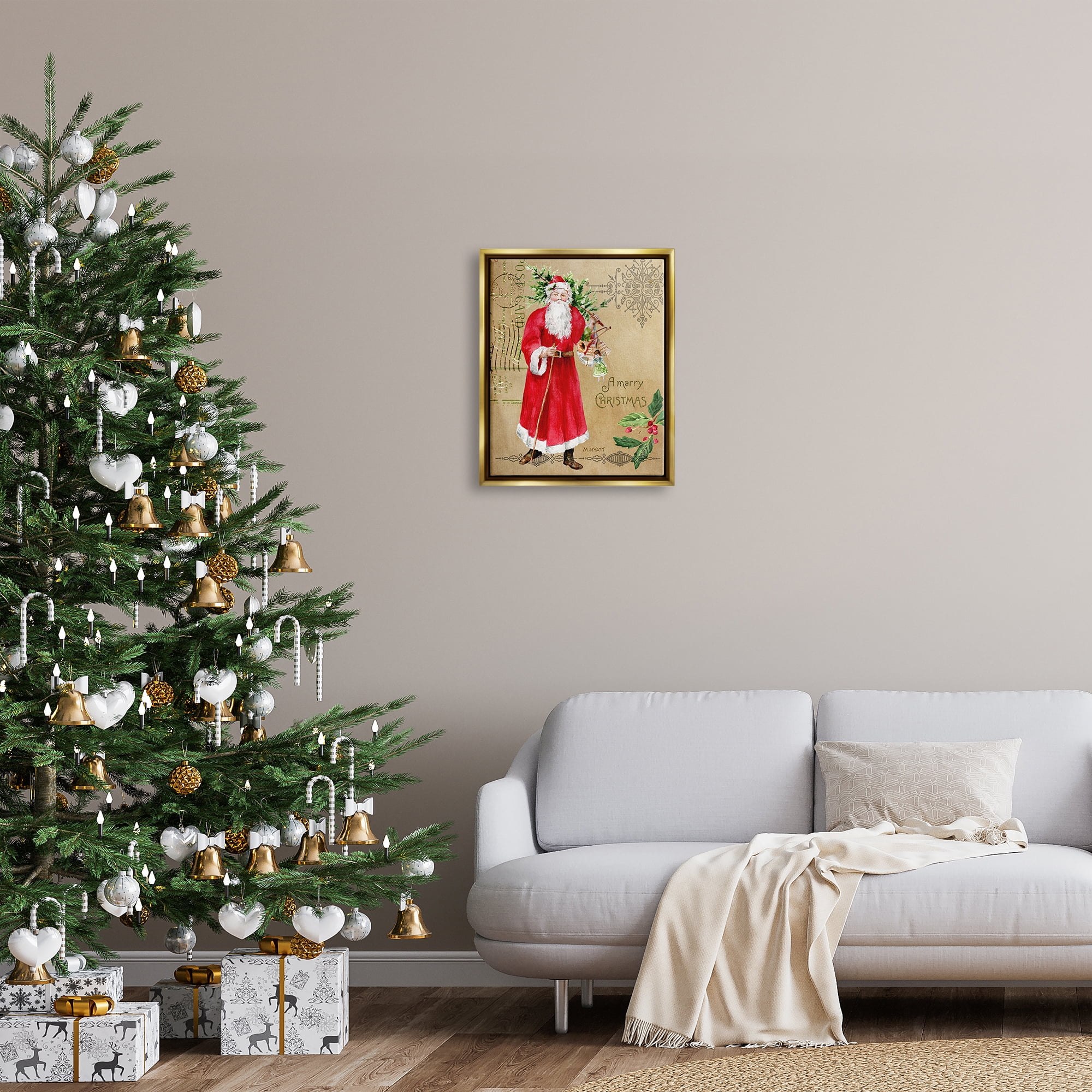 Stupell Industries Vintage Santa Claus Vintage Christmas Postal Design Metallic Gold Framed Floating Canvas Wall Art, 16x20, by Melissa Hyatt LLC