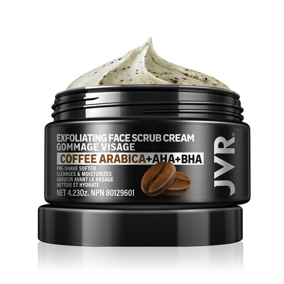 JVR Gommage Visage pour Hommes, Gommage Facial pour Exfoliation Profonde, Nettoyage, Poils Incarnés, Pré-Rasage Adoucissant, Formulé Biologiquement avec Café, Exfoliant Visage Doux (4.23 oz)