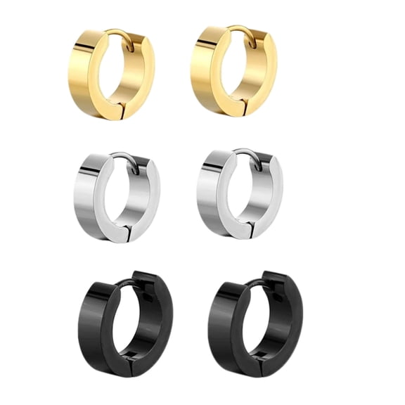 Small Huggie Hoop Earrings for Men and Women, 3 Pairs Black Gold Silver Stainless Steel Hypoallergenic Earrings, 8mm Inner Diameter