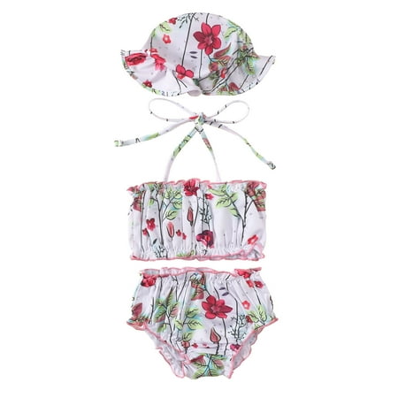 

Summer Baby Girls 3M-3Y Bowknot Striped Floarl Printed 2PCS Swimwear Holiday Swimsuit Bikini Hat Outfits