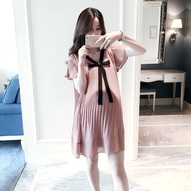 Vestido Suelto Plisado,Vestido Suelto Plisado De Las Mujeres Vestido De Maternidad Con Lazo Vestido De Mujer Embarazada Top De La Línea