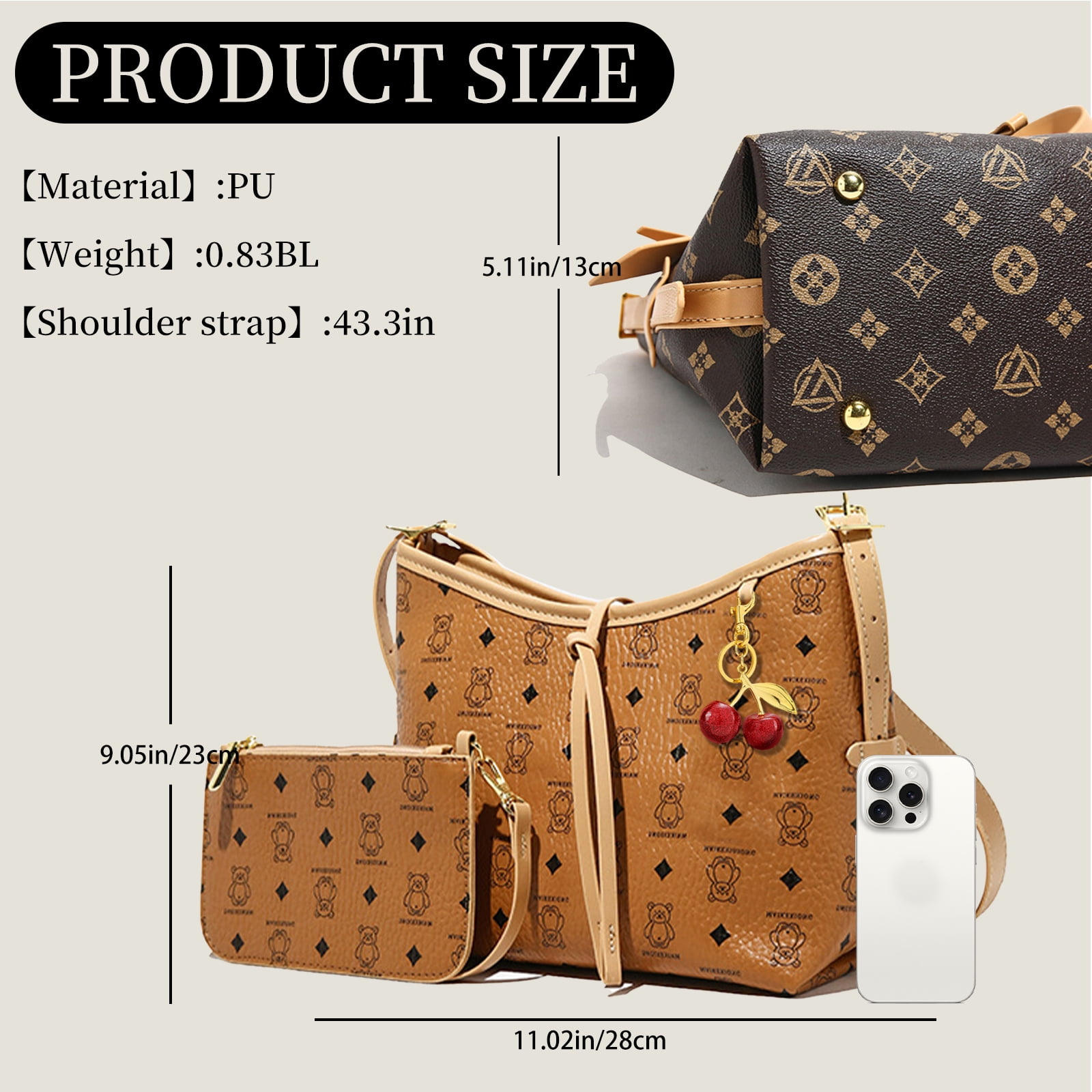 Stylish Handbag for Women - Crossbody Bag With Adjustable Strap, Hard Wearing & Fashionable Shoulder Bag, Including Cherry Keychain(Brown)
