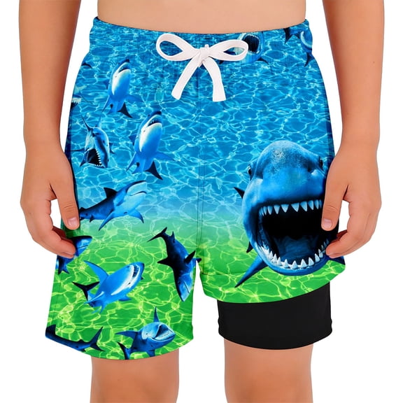 LIIPEE Boys Swim Trunks Kids Summer Fashion Sharks Print Drawstring Waist Double Layer Beach Shorts Cute Breathable Comfortable Casual Swimwear,9-10 Years