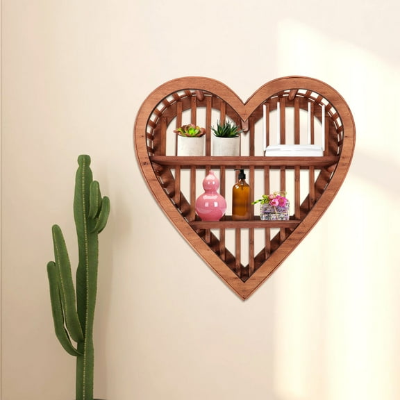 WASHWEPE Heart Shape Shelf Wood Display Shelf Light Brown 1Set