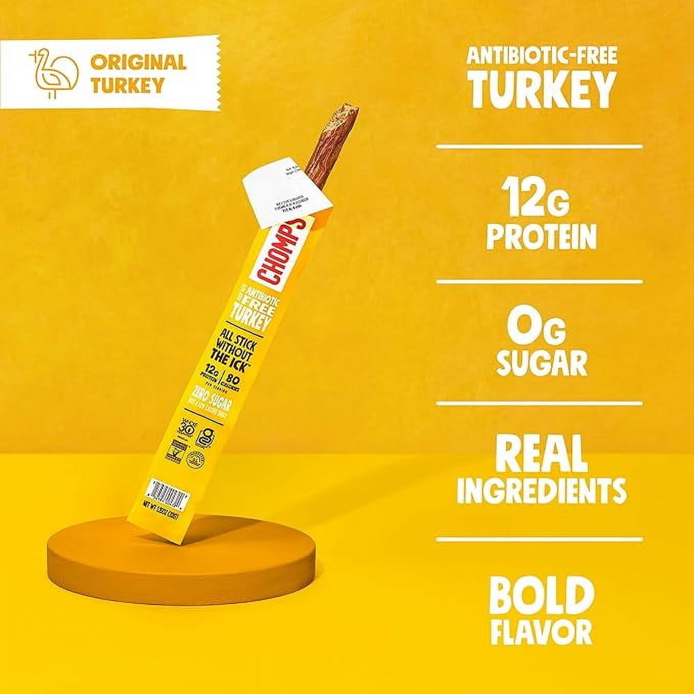 Chomps Original Turkey Jerky Snack Sticks, 12g of Protein (24 Count 1.15oz Sticks)
