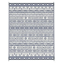 Outdoor Rug 8x10 Reversible - Waterproof Plastic Straw Mat with Carry Bag - Blue & White Geometric Area Rug for Camping, Patio, RV, Beach