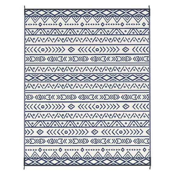Outdoor Rug 8x10 Reversible - Waterproof Plastic Straw Mat with Carry Bag - Blue & White Geometric Area Rug for Camping, Patio, RV, Beach