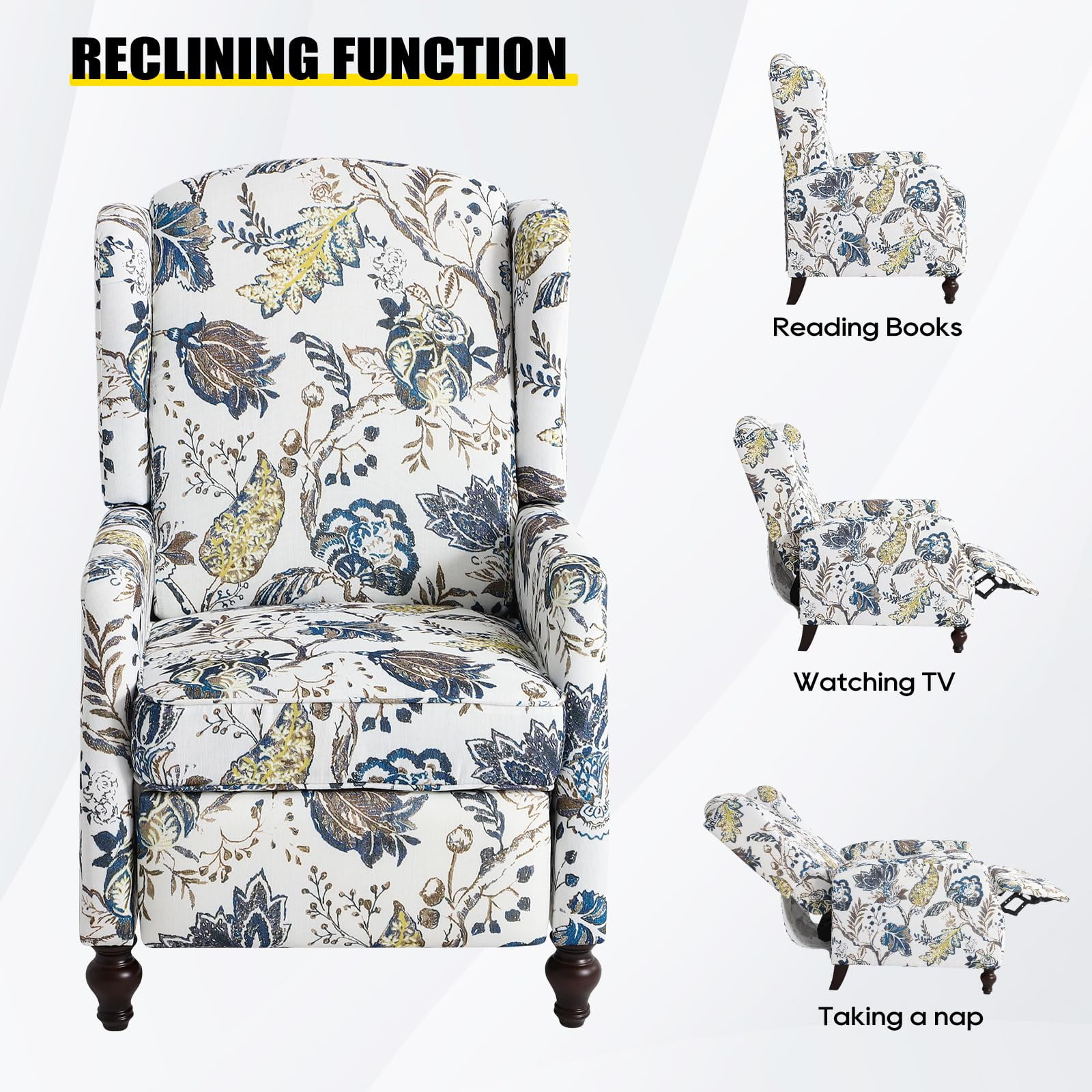Upholstered Wingback Recliner Chair - Traditional Push Back Recliner - Fabric Floral Recliner Chair