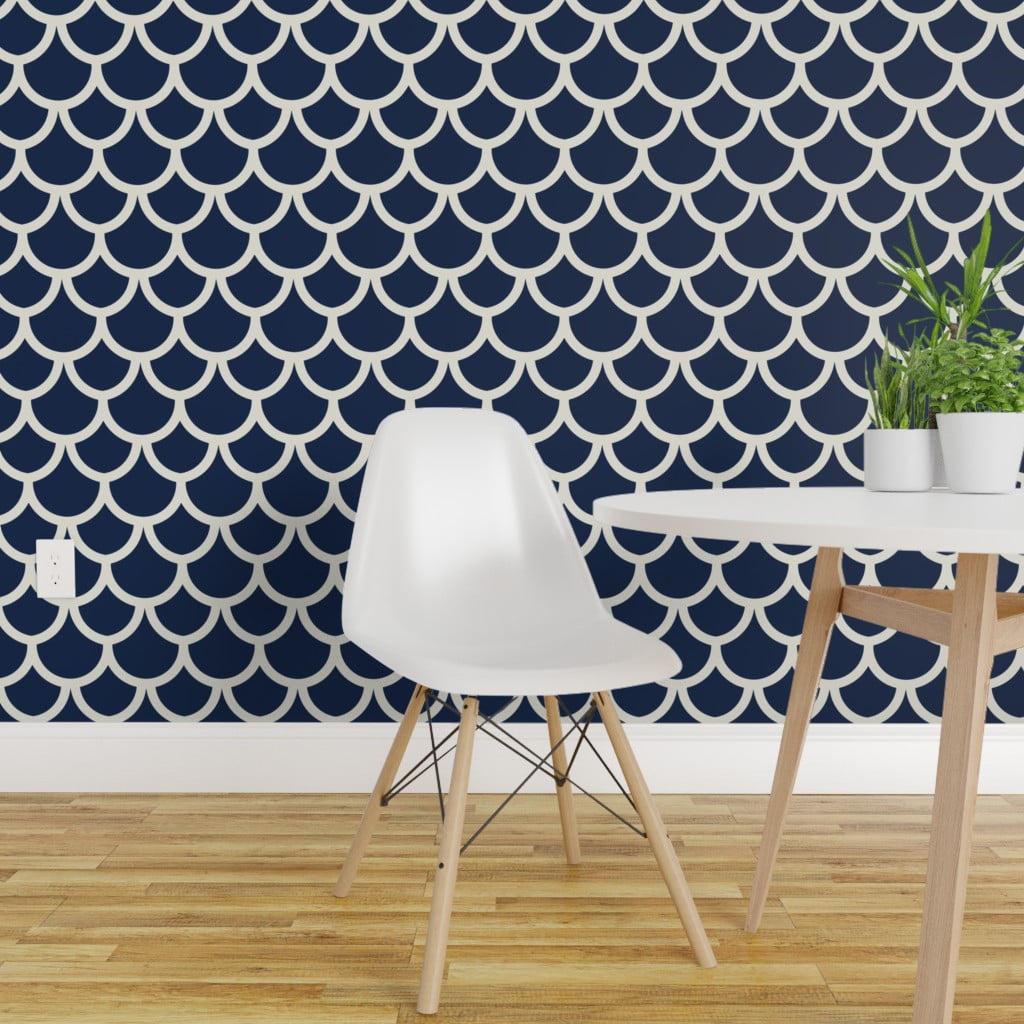 Peel-and-Stick Removable Wallpaper Scallop Fish Scale Nautical Navy And