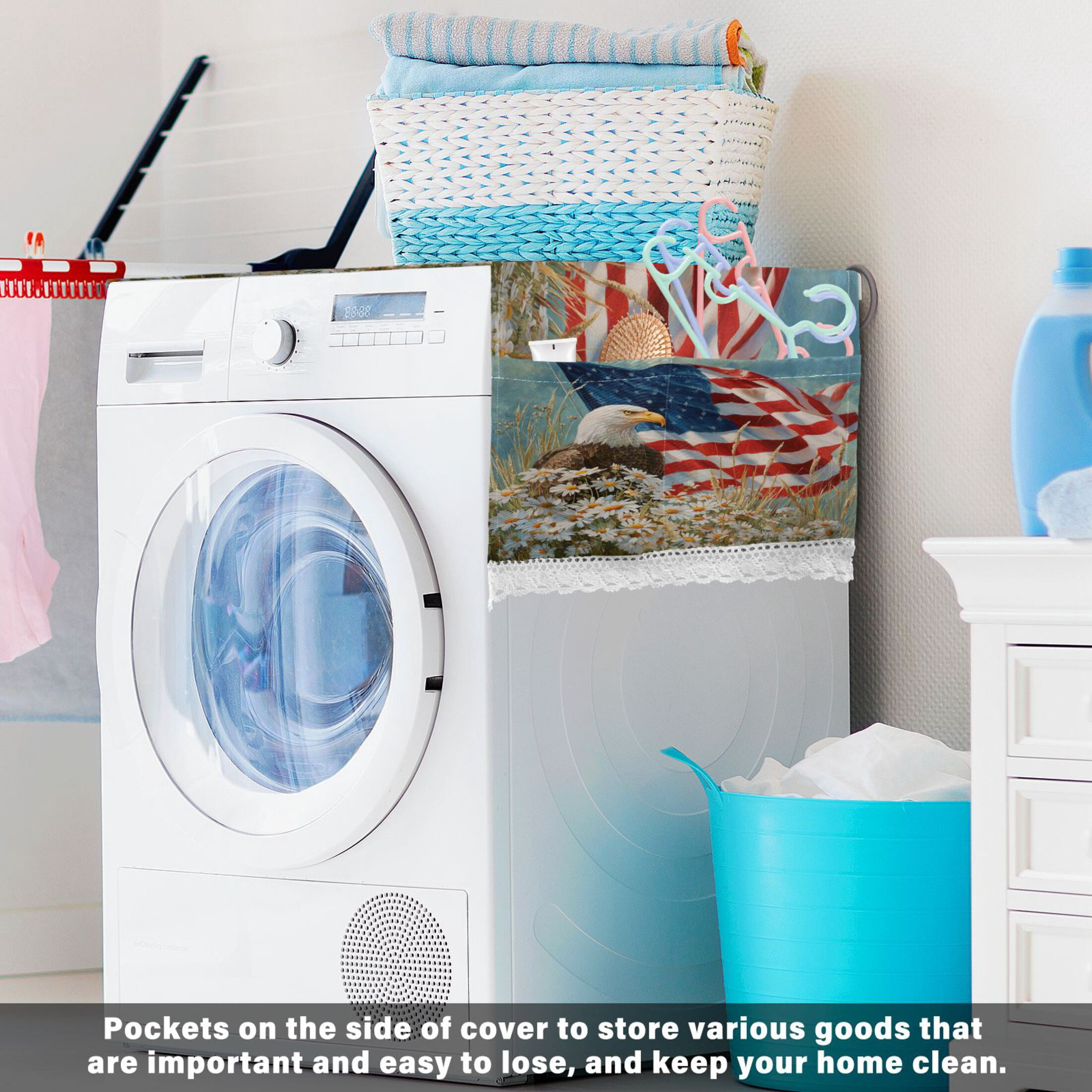 Wobogo American Eagle Daisy Washing Machine Cover Dustproof Washer Dryer Cover Waterproof Laundry Room Decorative Protector