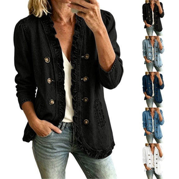 TGSLY Ruffle Trim Denim Jacket for Women Lightweight Collared Double Breasted Button Jean Coat Long Sleeve Solid Color Jean Jacket with Pockets XXL