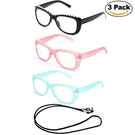 3 Pack Newbee Fashion - Womens Unique Style Elegant Pearl Frames Reading Glasses Black/Pink/Teal with Lanyard +1.00