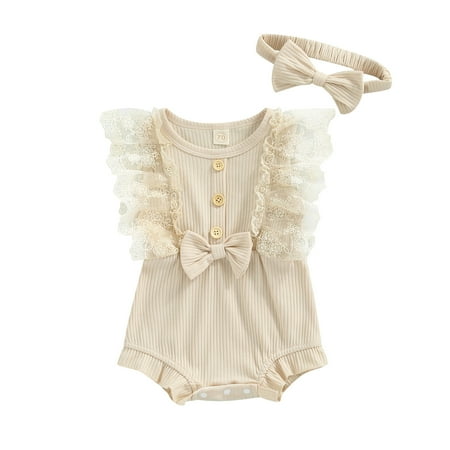 

Musuos Infant Baby Girls Ribbed Rompers Lace Ruffles Sleeveless Round Neck Jumpsuit Summer Bodysuit with Bow Headband