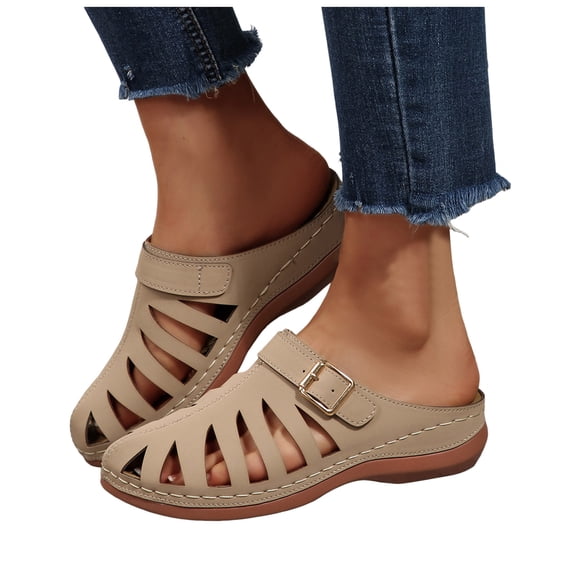 Mules for Women Closed Toe Fisherman Sandals Breathable Cutout Buckle Strap Slip on Low Wedge Cushioned Orthopedic Shoes Slides Khaki Size 8