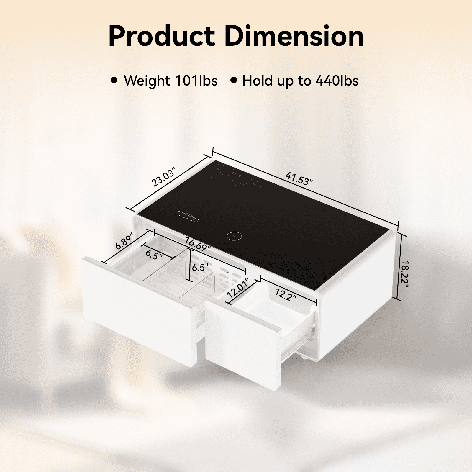 Smart Coffee Table with Dual-Drawer Cooling, Freezer Function, Wireless Charging, Bluetooth Speakers & LED Lights – Perfect for Modern Living Spaces