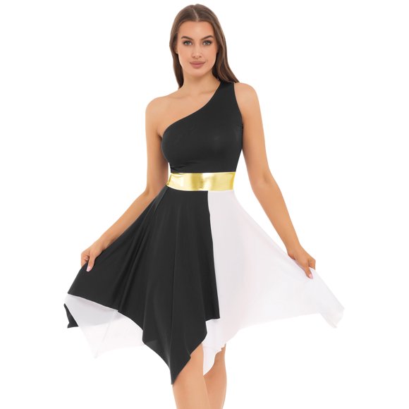 Lejafay Tunique Asymétrique de Danse de Louange pour Femme, Costume de Culte Liturgique à Blocs de Couleur, Robe de Danse Lyrique Noire P