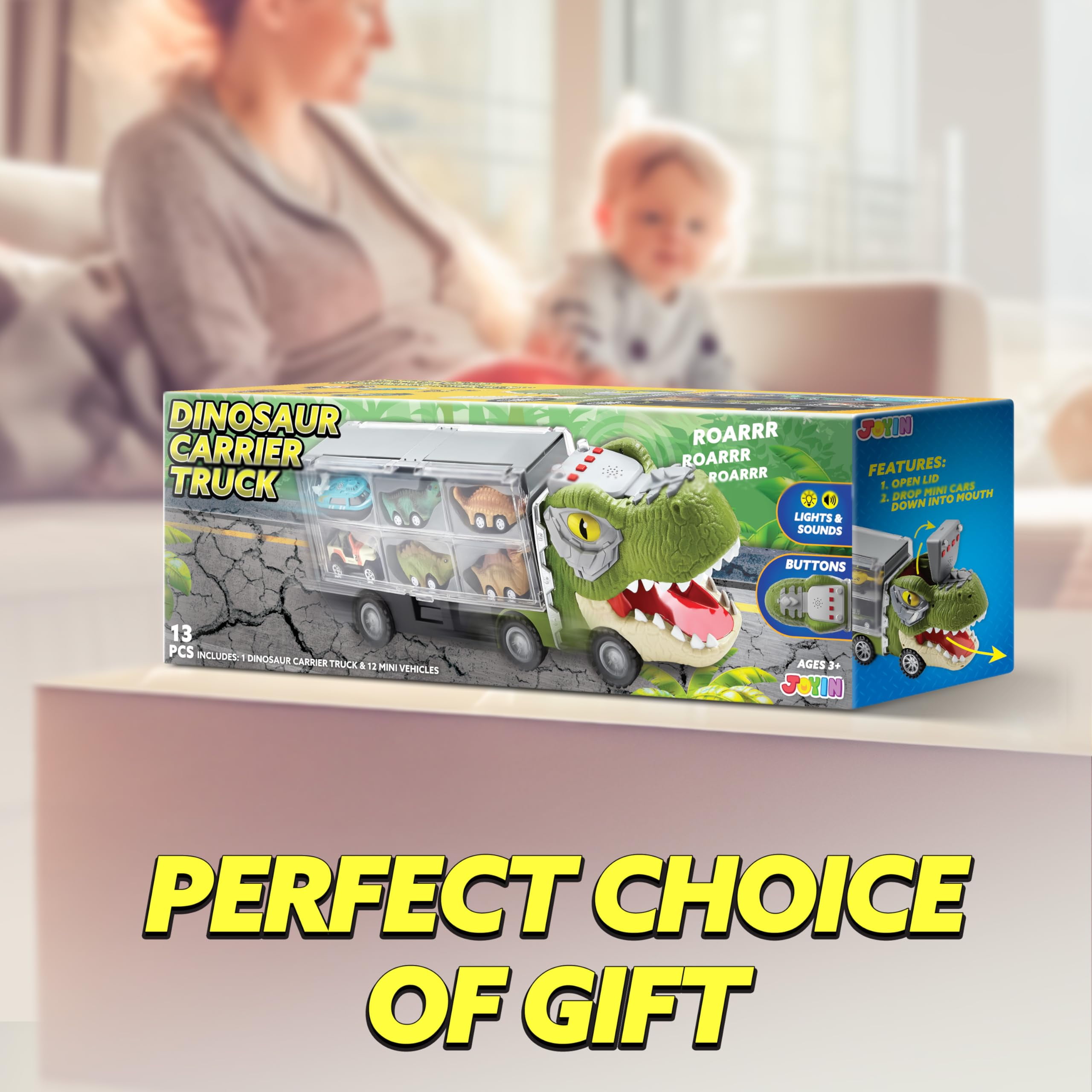 Joyfy 13 in 1 Dinosaur Truck Toys for Kids, Dinosaur Truck with Light & Sound, Including 12 Pull Back Cars, Great Christmas and Birthday Gifts Toy for Boy 3 4 5