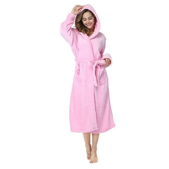 Rongtai Robes pour Femmes en Polaire Peluche Rose Peignoir à Capuche Épais avec Poches Vêtements de Nuit Moelleux Moyen