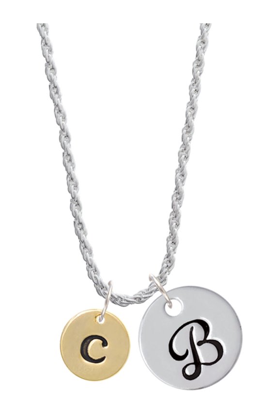 Goldtone Disc 1/2'' Initial - c - Silvertone Script Initial Disc - B - Charm Necklace, 20"+3"