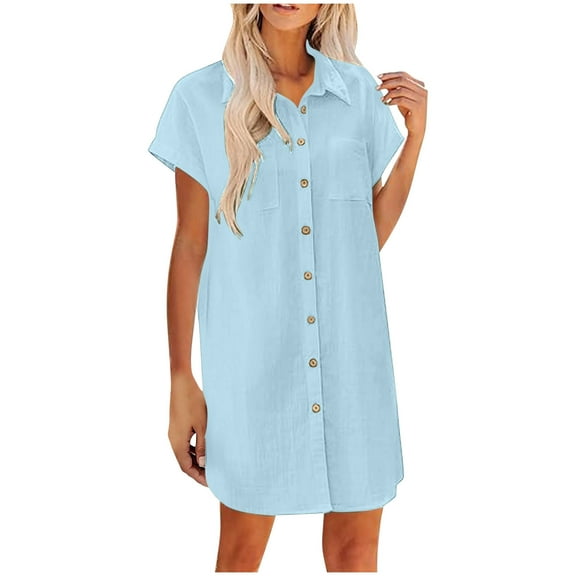 QQAMB T-Shirt Dress for Women, Cotton Linen Casual Loose Summer Button Down Mini Dresses Short Sleeve Lapel Vacation Tops Light Blue XL