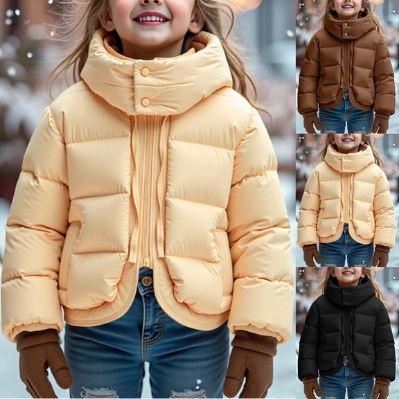 Kids Fall Winter Solid Color Quilted Bread Puffer Jacket, Boys Girls Thick Warm Fake Two Piece Hooded Coat,Yellow