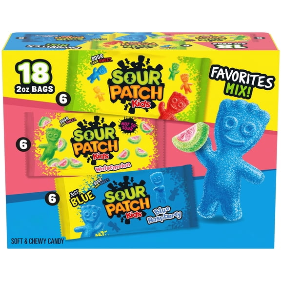 SOUR PATCH KIDS Favorites Mix Variety Pack Soft & Chewy Gummy Candy, Bulk Candy, 18 Snack Packs