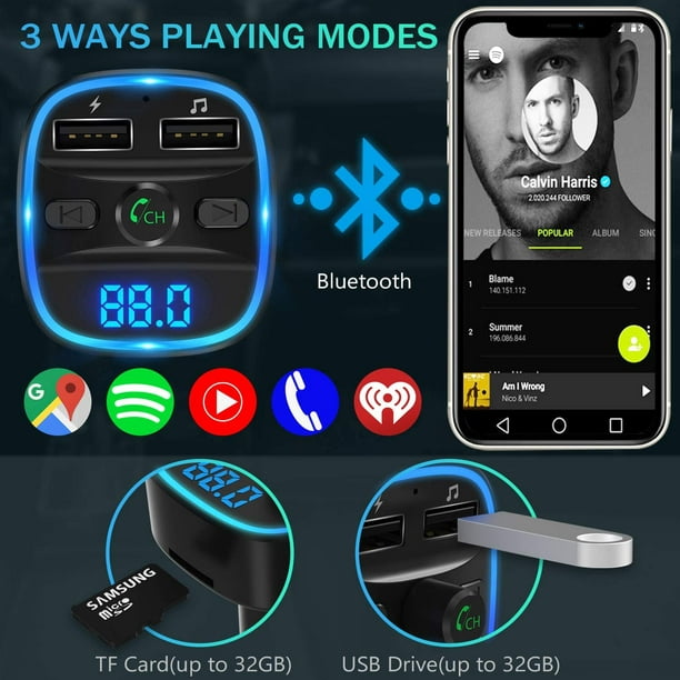 Chargeur de voiture, Transmetteur fm Bluetooth,Lecteur MP3,Adaptateur Radio  Sans Fil Kit Émetteur, Lumière ambiante