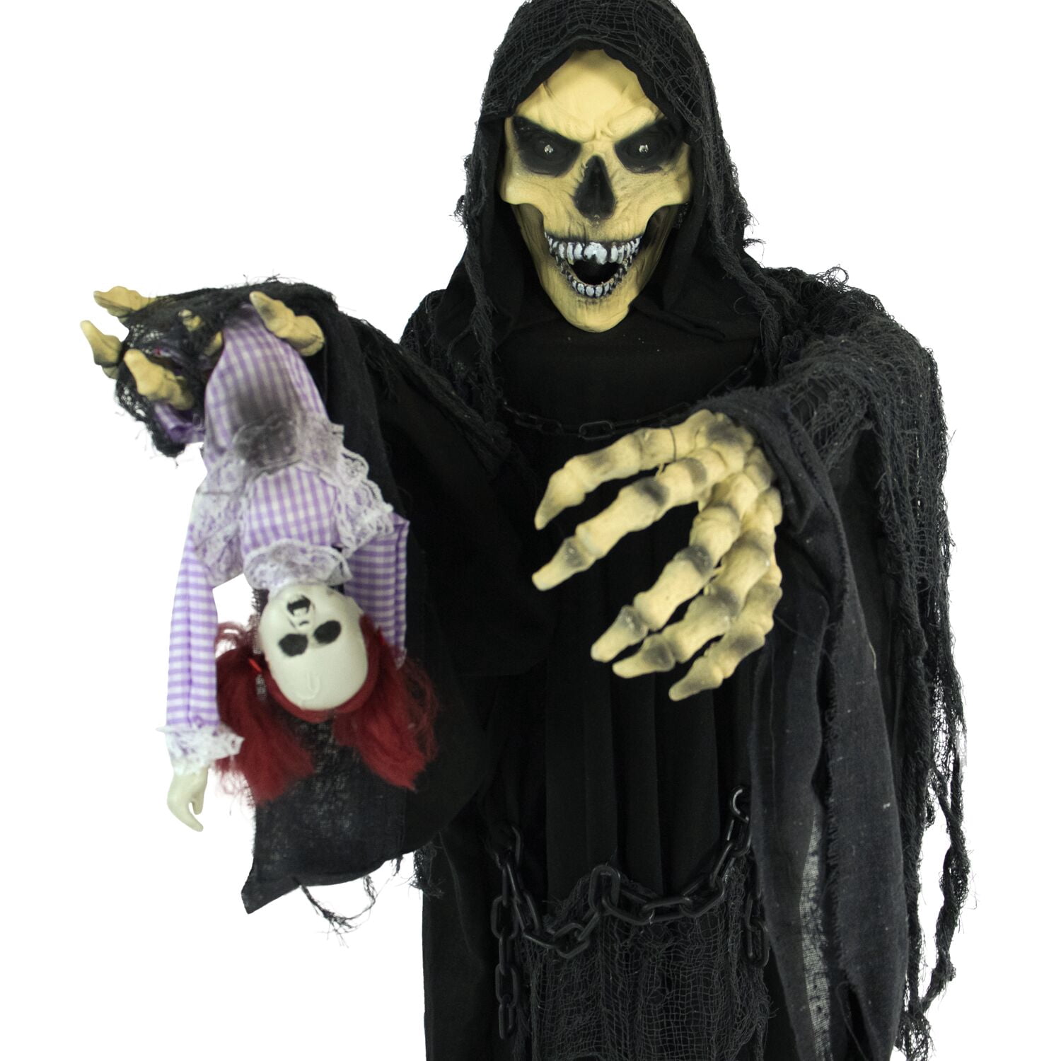 Haunted Hill Farm Life-Size 5.7 ft Animatronic Reaper, Indoor/Outdoor Halloween Decoration, Flashing Colorful Eyes, Poseable, Battery-Operated, HHRPR-6FLSA