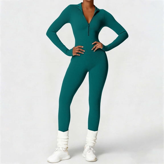 Women's Textured Yoga Bodysuit, Long Sleeve Zipper Front Yoga Suit with Waist Cinching Design, Sculpting Tight Bodysuit for Yoga, Workout, Gym and Casual Athleisure Wear Blackish Green