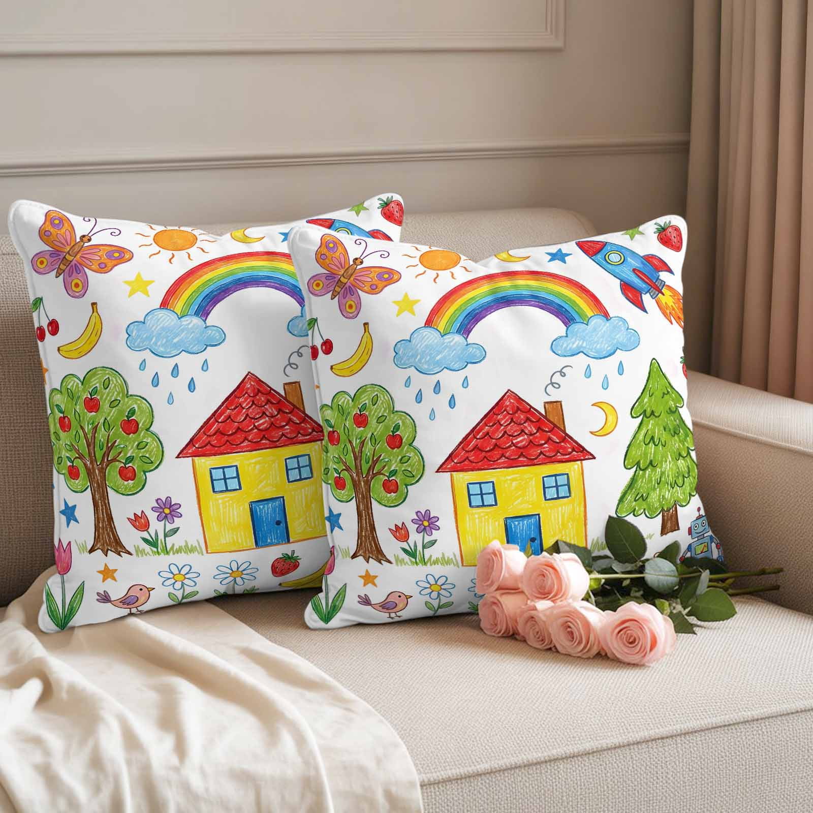 Children's Day Outdoor Waterproof Throw Pillow Covers 20x20 Set of 2, Cartoon Painting Rainbow Rocket Butterfly Decorative Pillowcases Cushion Pillowcase for Couch Sofa Patio Outside Pillow Protector