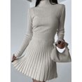thumbnail image 3 of Vestido plisado de punto para mujer, minivestido informal de cintura alta con cuello redondo, ajustado, de manga larga, Color sólido, clásico, de calle, 3 of 7