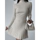 thumbnail image 2 of Vestido plisado de punto para mujer, minivestido informal de cintura alta con cuello redondo, ajustado, de manga larga, Color sólido, clásico, de calle, 2 of 5