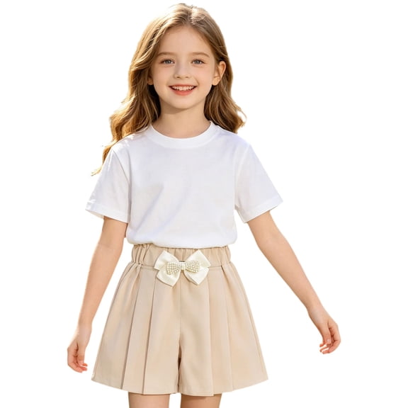 WEIGFI Toddler Baby Girls Skirt Shorts Pleated Bowknot Solid Color Outdoor Playwear Loose Fit Stretchy Lightweight Elastic Waist Summer Everyday Casual Relaxed Party Bottoms,Beige,3-4 Years