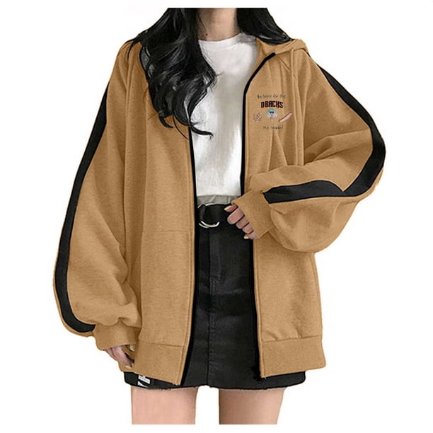 Puntoco mujeres Casual manga larga bolsillo suelto estampado cremallera medio y largo tops sudaderas con capucha blusa de mujer Puntoco Puntoco-538