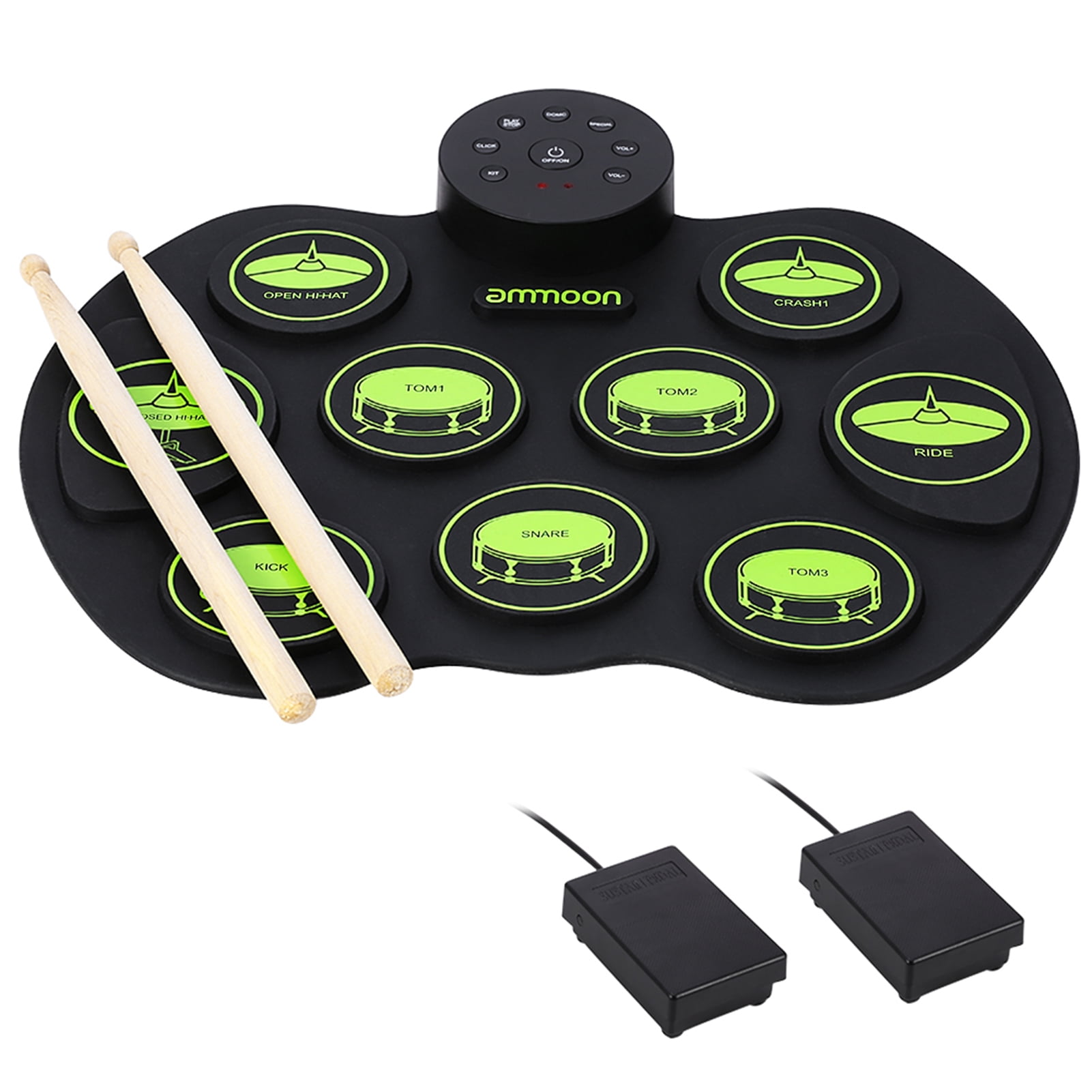 Digital Roll-Up Touch Sensitive Drum Practice Kit No Speakers/AAA Battery Operated 7 Labeled Pads 2 Foot Pedals Kids Children Beginners Green Portable Electronic Drum Pad 