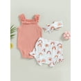 thumbnail image 4 of Caoirhny Newborn Infant Baby Girls Clothes Suits 0 3 6 12 18 Months Solid Color Ribbed Sleeveless Frills Sling Romper Rainbow Print Shorts Headband 3Pcs Set, 4 of 9