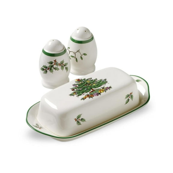 Spode Christmas Tree 3-Piece Hostess Set - Butter Dish with Lid, Salt Shaker, Pepper Shaker - Festive Earthenware for Christmas, Hanukkah, Holiday Entertaining - Dishwasher Safe Collectible Gift Set