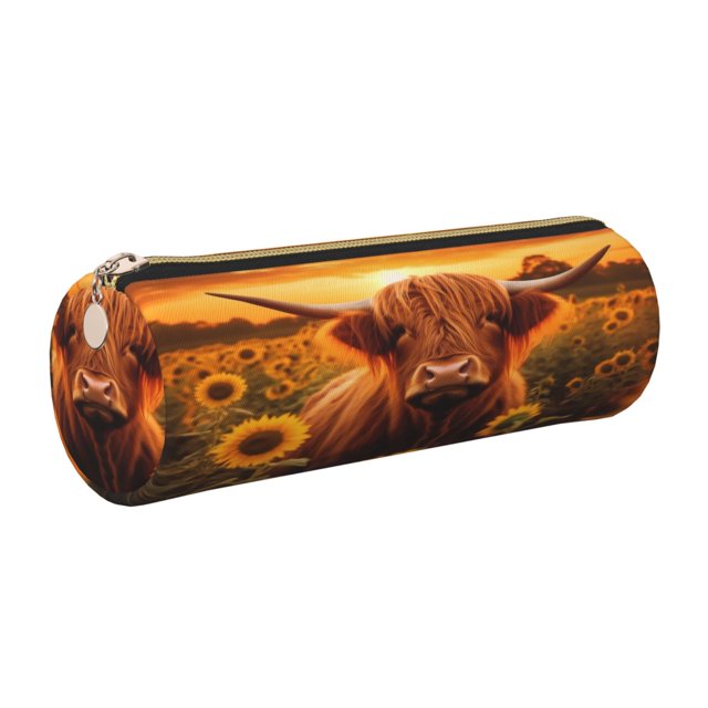 Easygdp Vintage Sunflower Cow B para Estuche de Lápices Cilíndrico de Cuero con Cremallera, Organizador de Lápices de Cuero para Escuela, Oficina y Viajes